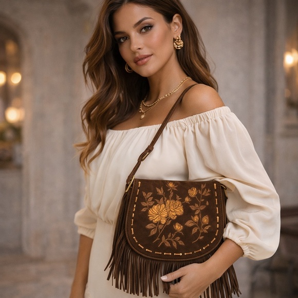 Isabella Fiore Handbags - Isabella Fiore Brown Suede Embroidered Floral Fringe Boho Shoulder Bag –Rare Y2K